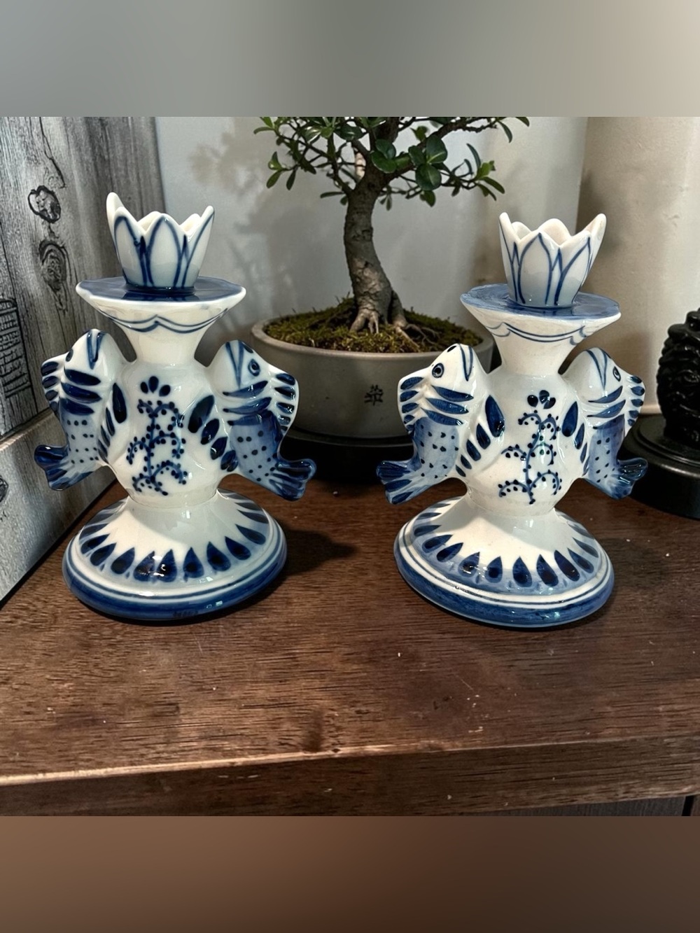 Pair Gzhel Russian Blue White Porcelain Fish Candlestick Holders Handmade 5.25”
